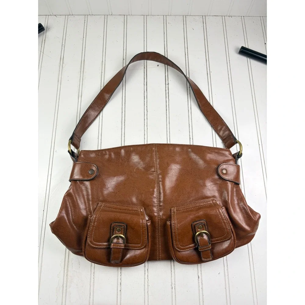 Vintage Y2K Brown Faux Leather Buckle Rustic Hobo Boho Shoulder Bag Purse